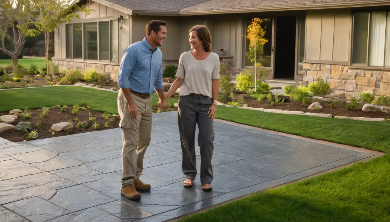 Stamped concrete patio with a stone pattern behind a ranch home in De Soto